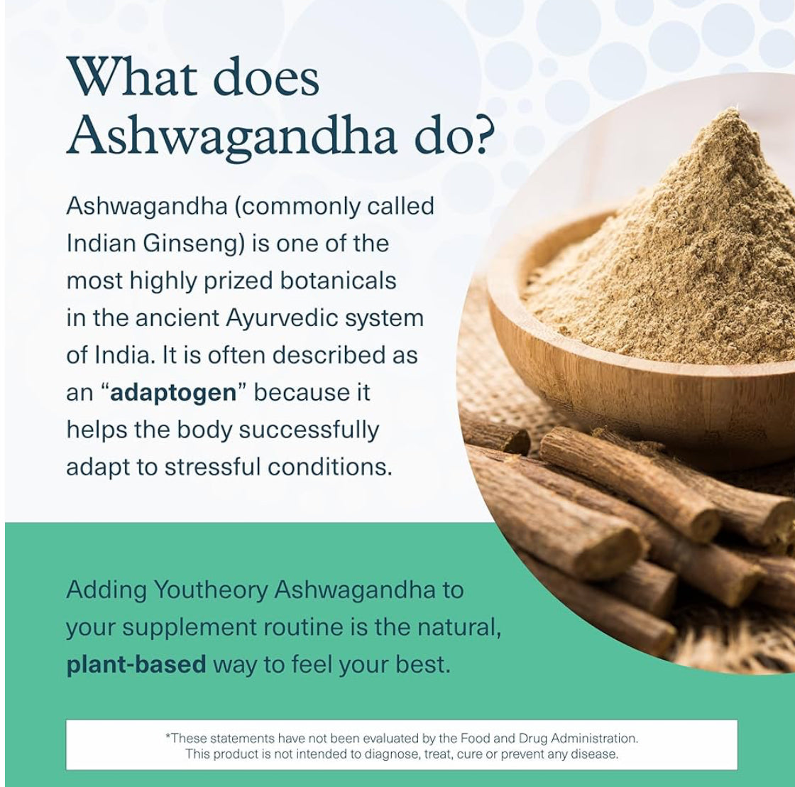 Youtheory Ashwagandha + GABA – Stress & Memory Support (60 Vegetarian Capsules)