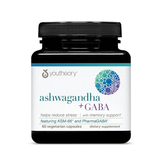 Youtheory Ashwagandha + GABA – Stress & Memory Support (60 Vegetarian Capsules)